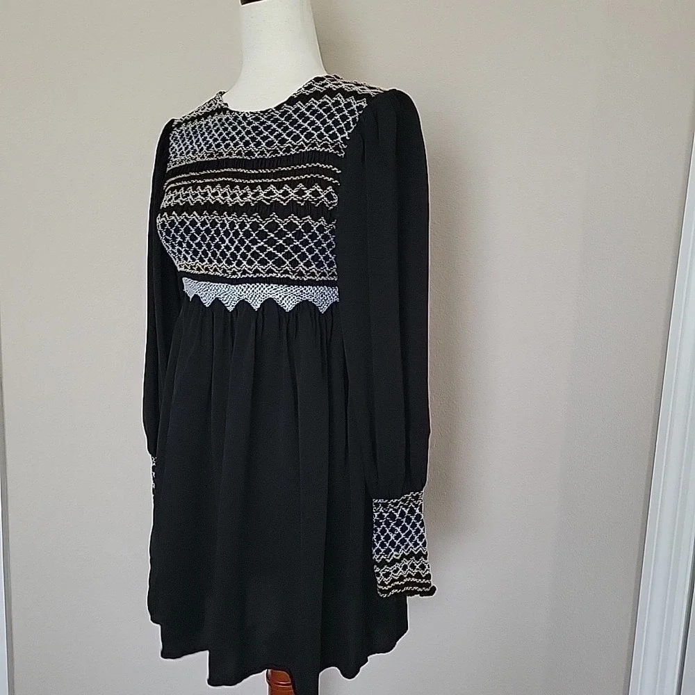 Free People Late Night Picnic Embroidered Smocked Babydoll Dress Size S Black